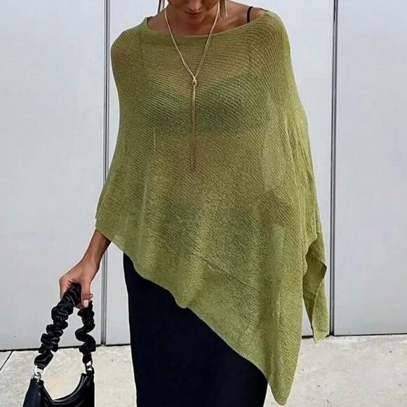 Green Elegant Women's Loose Knitted poncho Shawl sweater top - Picture 7 of 7